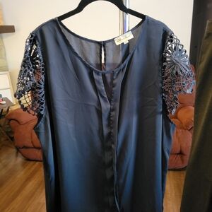 Elegant Navy Blouse with Crochet Sleeves